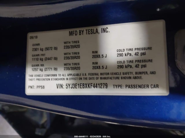 Продаж на аукціоні авто 2019 Tesla Model 3 Long Range/performance, vin: 5YJ3E1EBXKF441279, номер лоту: 44446111