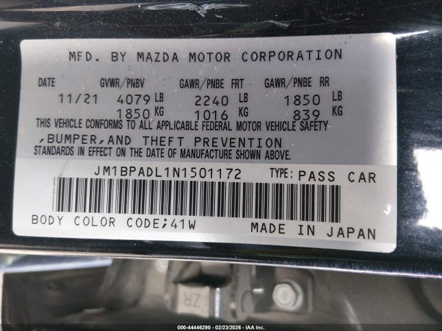 44446290 :رقم المزاد ، JM1BPADL1N1501172 vin ، 2022 Mazda Mazda3 Premium مزاد بيع