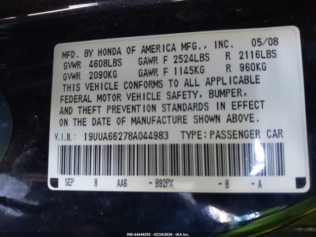 44446293 :رقم المزاد ، 19UUA66278A044983 vin ، 2008 Acura Tl 3.2 مزاد بيع