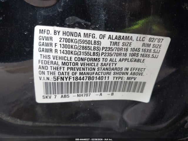 2007 HONDA PILOT 5FNYF18447B014011 Photo 8