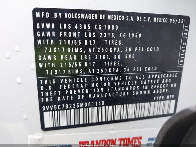 Aukcja sprzedaży 2025 Volkswagen Taos 1.5t S, vin: 3VV5C7B23SM061140, numer aukcji: 44446344