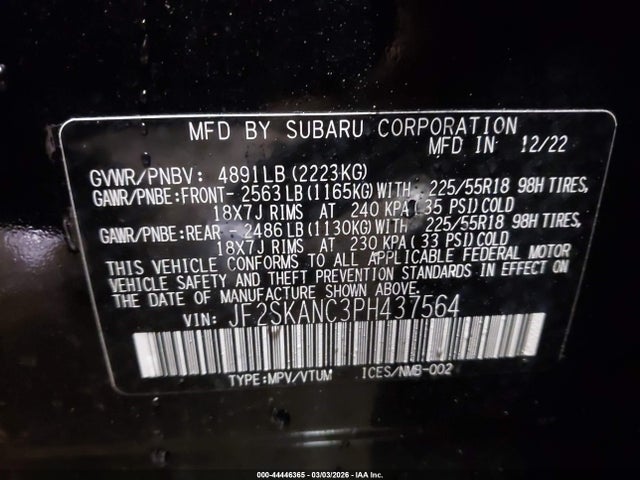 Aukcja sprzedaży 2023 Subaru Forester Limited, vin: JF2SKANC3PH437564, numer aukcji: 44446365