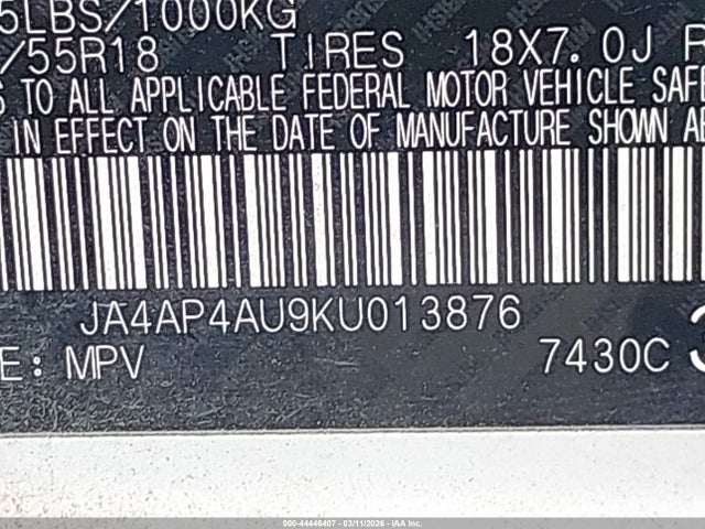 44446407 :رقم المزاد ، JA4AP4AU9KU013876 vin ، 2019 Mitsubishi Outlander Sport 2.0 Se مزاد بيع