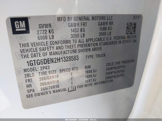 Продаж на аукціоні авто 2017 Gmc Canyon Slt, vin: 1GTG6DEN2H1328583, номер лоту: 44446451