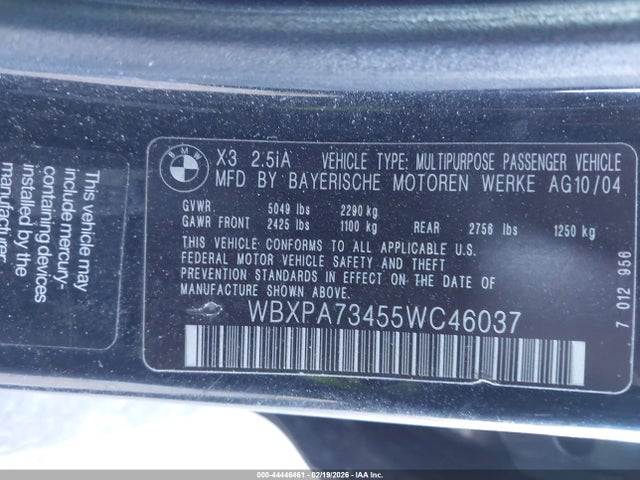 2005 Bmw X3 2.5i მანქანა იყიდება აუქციონზე, vin: WBXPA73455WC46037, აუქციონის ნომერი: 44446461