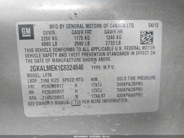 Aukcja sprzedaży 2012 Gmc Terrain Sle-1, vin: 2GKALMEK1C6324846, numer aukcji: 44446526