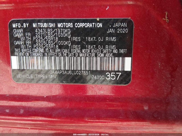 Продаж на аукціоні авто 2020 Mitsubishi Outlander Sport 2.0 Es, vin: JA4AP3AU6LU027651, номер лоту: 44446581