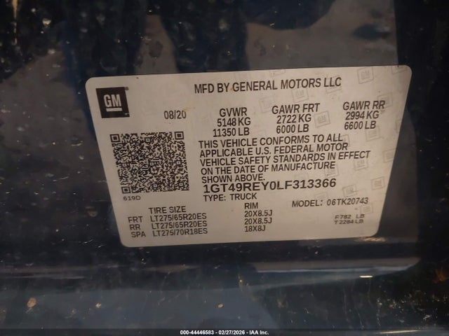 44446583 :رقم المزاد ، 1GT49REY0LF313366 vin ، 2020 Gmc Sierra 2500hd 4wd  Standard Bed Denali مزاد بيع