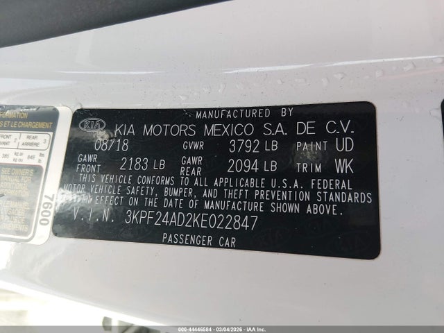 3KPF24AD2KE022847 KIA FORTE FE