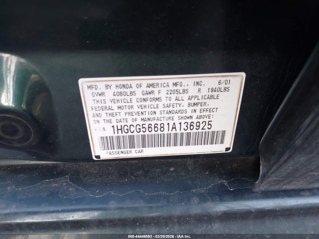2001 Honda Accord 2.3 Ex მანქანა იყიდება აუქციონზე, vin: 1HGCG56681A136925, აუქციონის ნომერი: 44446592