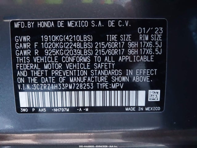 3CZRZ1H33PM728253 Honda Hr-v 2wd Lx