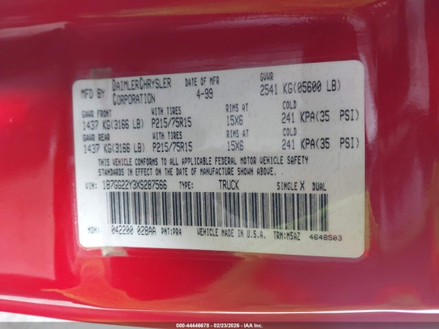 44446678 :رقم المزاد ، 1B7GG22Y3XS287566 vin ، 1999 Dodge Dakota Slt/sport مزاد بيع