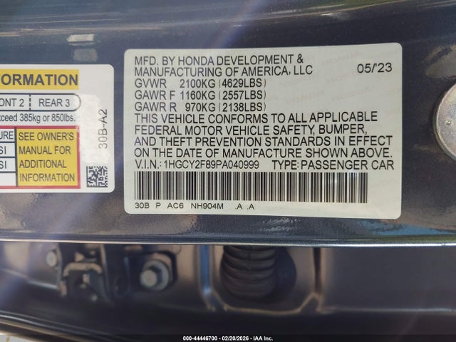 44446700 :رقم المزاد ، 1HGCY2F89PA040999 vin ، 2023 Honda Accord Hybrid Touring مزاد بيع