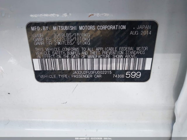 44446712 :رقم المزاد ، JA32U2FU3FU002215 vin ، 2015 Mitsubishi Lancer Es مزاد بيع