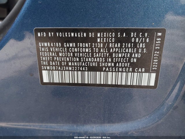 2017 Volkswagen Jetta 1.4t Se მანქანა იყიდება აუქციონზე, vin: 3VWDB7AJ3HM227443, აუქციონის ნომერი: 44446719