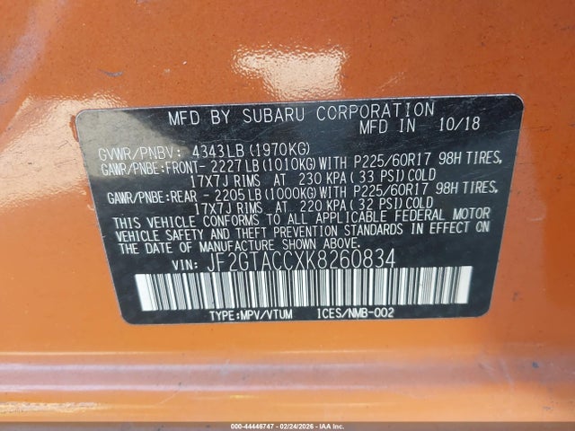 44446747 :رقم المزاد ، JF2GTACCXK8260834 vin ، 2019 Subaru Crosstrek 2.0i Premium مزاد بيع