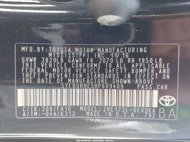 Toyota COROLLA L 2017 5YFBURHE5HP609409 Image 9