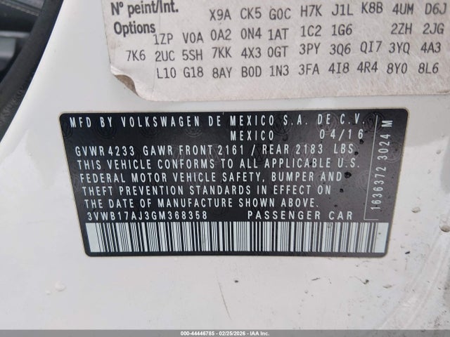 2016 Volkswagen Jetta 1.8t Sport მანქანა იყიდება აუქციონზე, vin: 3VWB17AJ3GM368358, აუქციონის ნომერი: 44446785