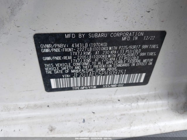 Aukcja sprzedaży 2023 Subaru Crosstrek Premium, vin: JF2GTAEC5PH309751, numer aukcji: 44446802