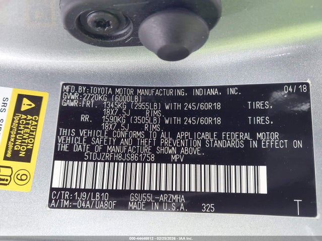 5TDJZRFH8JS861758 Toyota Highlander Xle