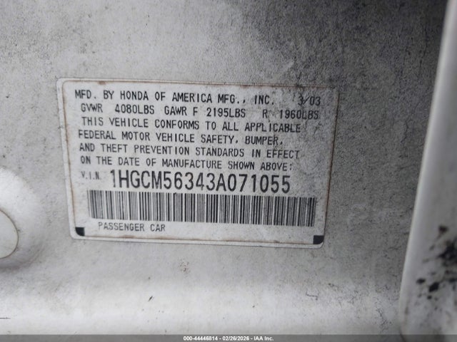 Aukcja sprzedaży 2003 Honda Accord 2.4 Lx, vin: 1HGCM56343A071055, numer aukcji: 44446814