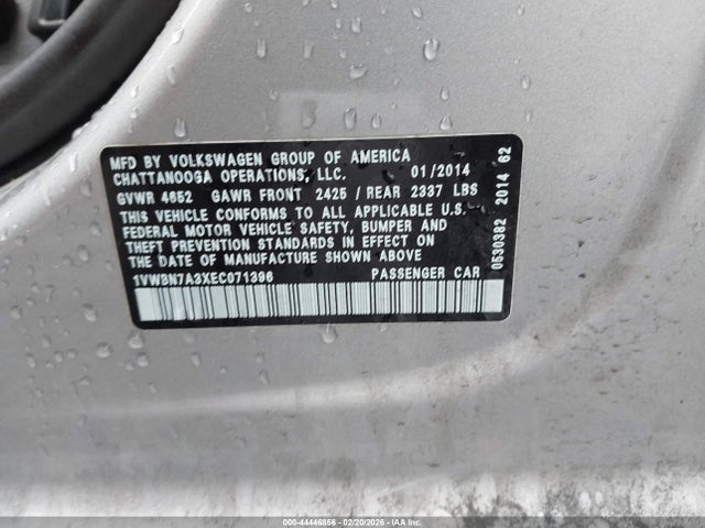 44446856 :رقم المزاد ، 1VWBN7A3XEC071396 vin ، 2014 Volkswagen Passat 2.0l Tdi Se مزاد بيع