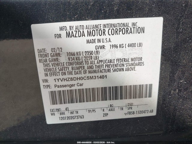 44446858 :رقم المزاد ، 1YVHZ8DH0C5M31401 vin ، 2012 Mazda Mazda6 I Touring مزاد بيع