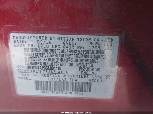 Nissan Versa 1.6 S+ 2016 3N1CN7AP9GL904416 Image 9