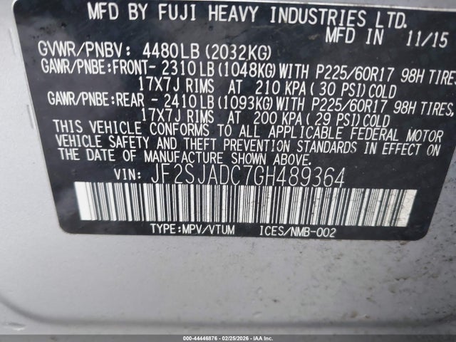 Aukcja sprzedaży 2016 Subaru Forester 2.5i Premium, vin: JF2SJADC7GH489364, numer aukcji: 44446876