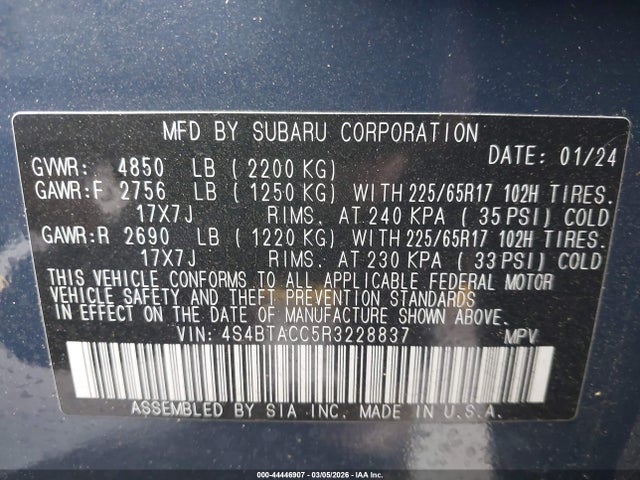 2024 Subaru Outback Premium მანქანა იყიდება აუქციონზე, vin: 4S4BTACC5R3228837, აუქციონის ნომერი: 44446907