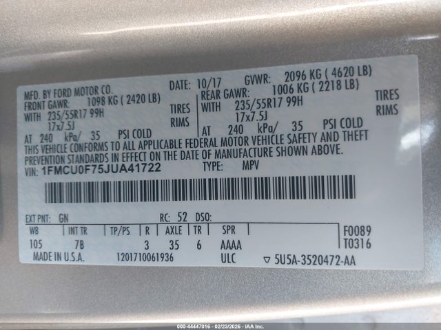 2018 FORD ESCAPE 1FMCU0F75JUA41722 Photo 8