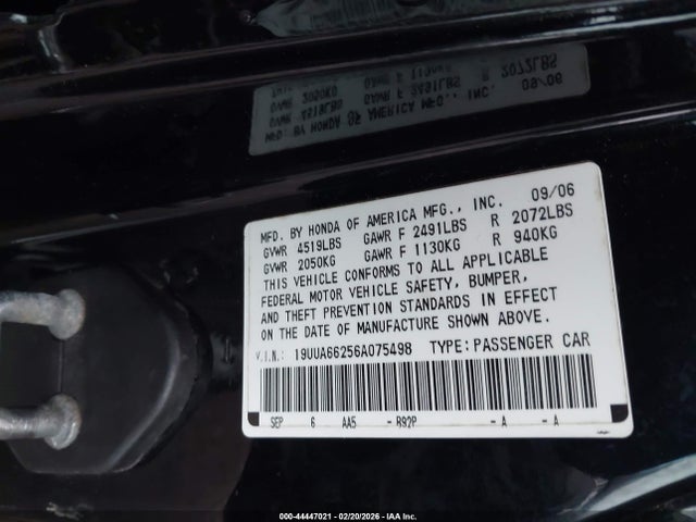 44447021 :رقم المزاد ، 19UUA66256A075498 vin ، 2006 Acura Tl مزاد بيع