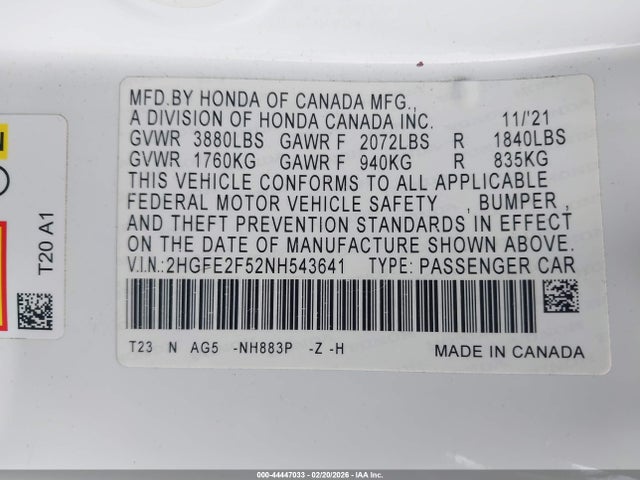 Honda Civic Sport 2022 2HGFE2F52NH543641 Image 9