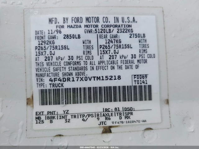 1997 Mazda B4000 Se მანქანა იყიდება აუქციონზე, vin: 4F4DR17X0VTM15218, აუქციონის ნომერი: 44447040