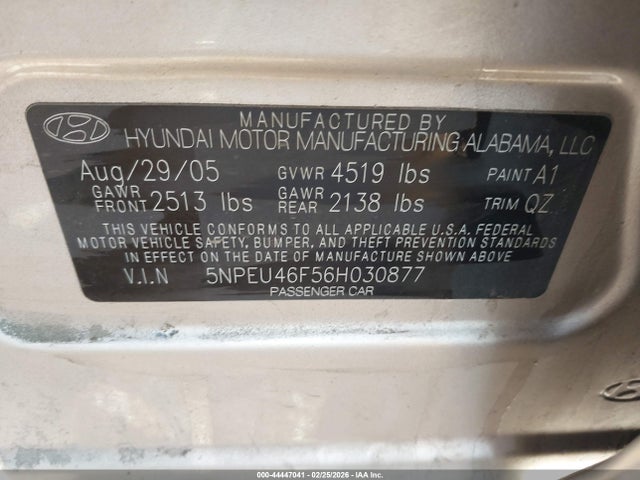 Aukcja sprzedaży 2006 Hyundai Sonata Gls V6/lx V6, vin: 5NPEU46F56H030877, numer aukcji: 44447041