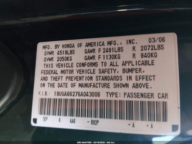 Aukcja sprzedaży 2006 Acura Tl, vin: 19UUA66276A043006, numer aukcji: 44447090