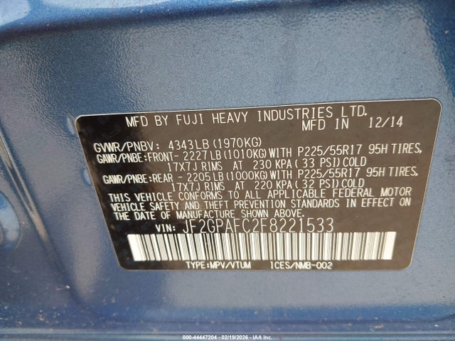 Subaru Xv Crosstrek 2.0i Premium 2015 JF2GPAFC2F8221533 Image 9