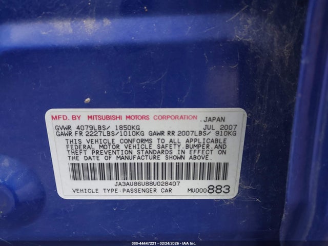 2008 MITSUBISHI LANCER JA3AU86U88U028407 Photo 8