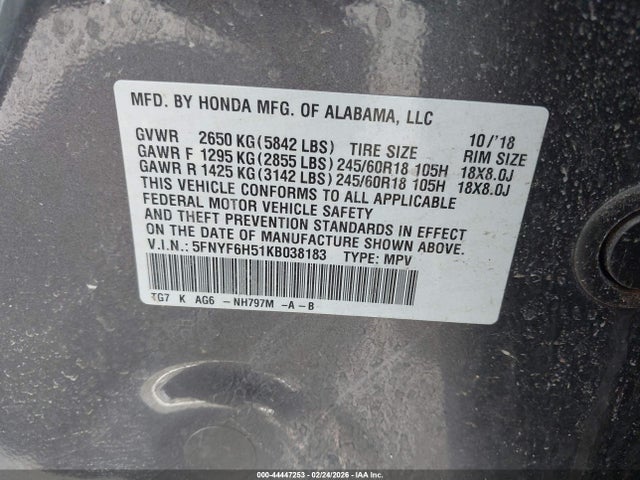 5FNYF6H51KB038183 Honda Pilot Ex-l