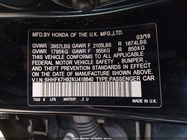 SHHFK7H92KU418840 Honda Civic Sport Touring