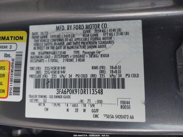 Aukcja sprzedaży 2013 Ford Fusion Titanium, vin: 3FA6P0K91DR113548, numer aukcji: 44447374