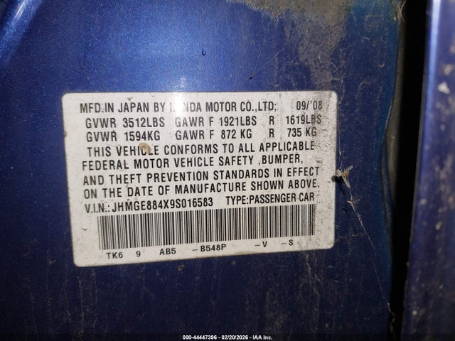 2009 HONDA FIT JHMGE884X9S016583 Photo 8
