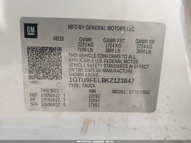 44447447 :رقم المزاد ، 1GTU9FEL8KZ123847 vin ، 2019 Gmc Sierra 1500 Denali مزاد بيع