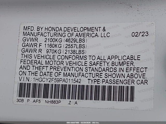 1HGCY2F59PA011542 Honda Accord Hybrid Sport
