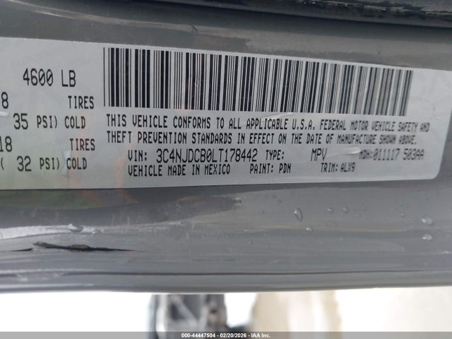 44447504 :رقم المزاد ، 3C4NJDCB0LT178442 vin ، 2020 Jeep Compass Limited 4x4 مزاد بيع