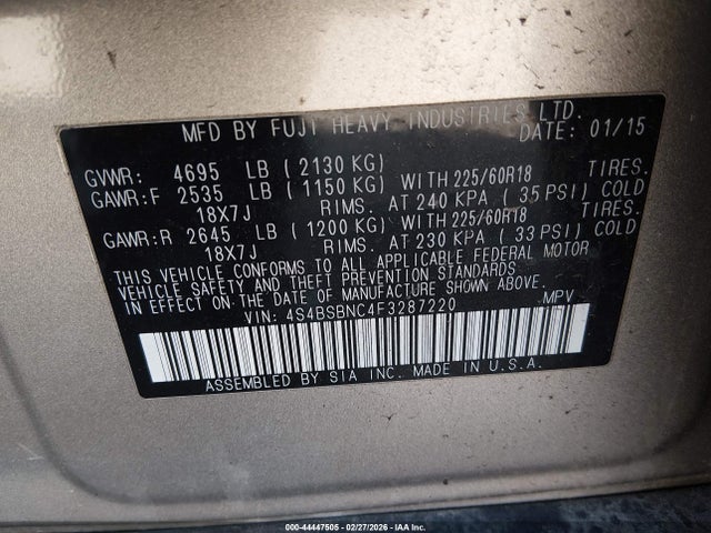 Продаж на аукціоні авто 2015 Subaru Outback 2.5i Limited, vin: 4S4BSBNC4F3287220, номер лоту: 44447505
