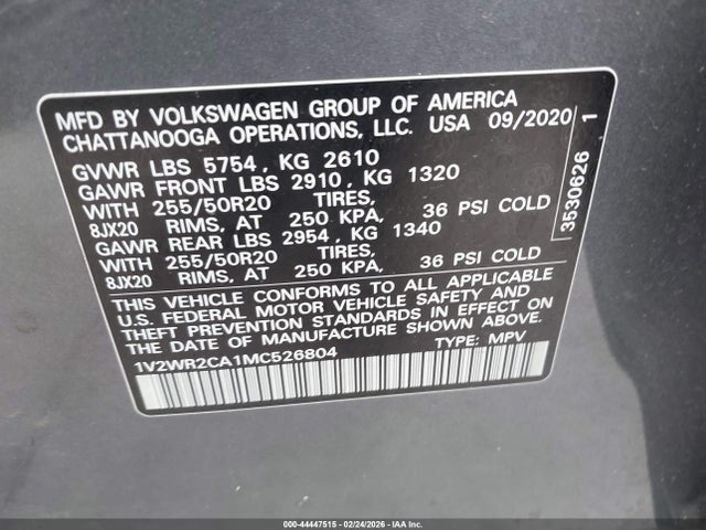 1V2WR2CA1MC526804 Volkswagen Atlas 3.6l V6 Se W/technology