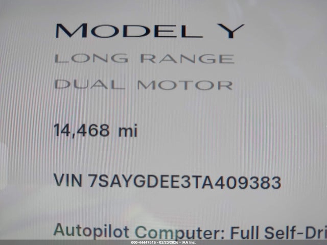 Aukcja sprzedaży 2026 Tesla Model Y, vin: 7SAYGDEE3TA409383, numer aukcji: 44447516