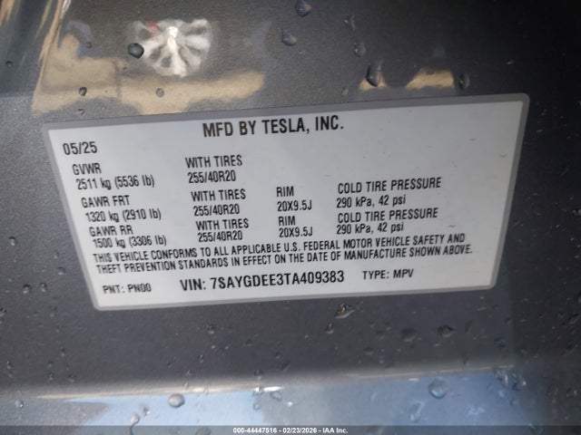 Aukcja sprzedaży 2026 Tesla Model Y, vin: 7SAYGDEE3TA409383, numer aukcji: 44447516