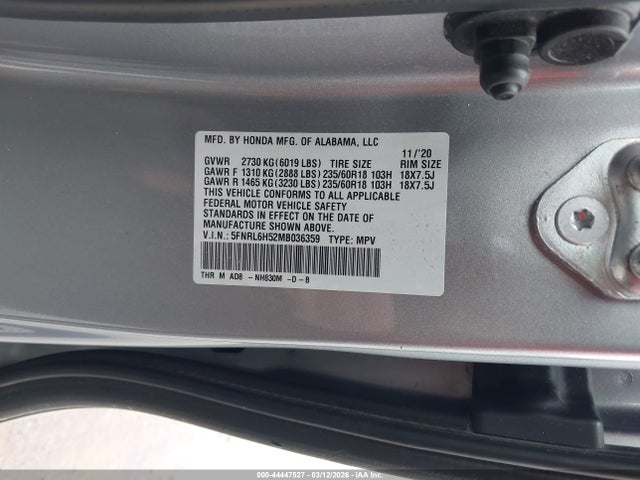 44447527 :رقم المزاد ، 5FNRL6H52MB036359 vin ، 2021 Honda Odyssey Ex مزاد بيع